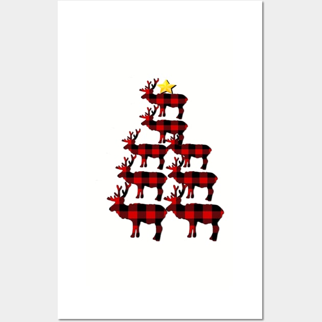 Christmas Custom Apparel, Christmas Tree Santas 8 Reindeer Funny Buffalo Plaid Tree Gift Shirt Wall Art by tamdevo1